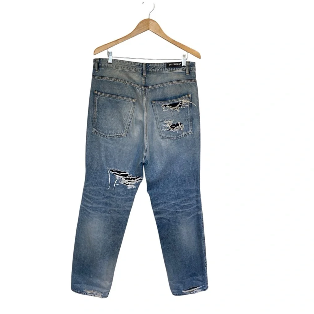 Balenciaga Distressed Ripped Logo Blue Jeans 2020 Size 34
